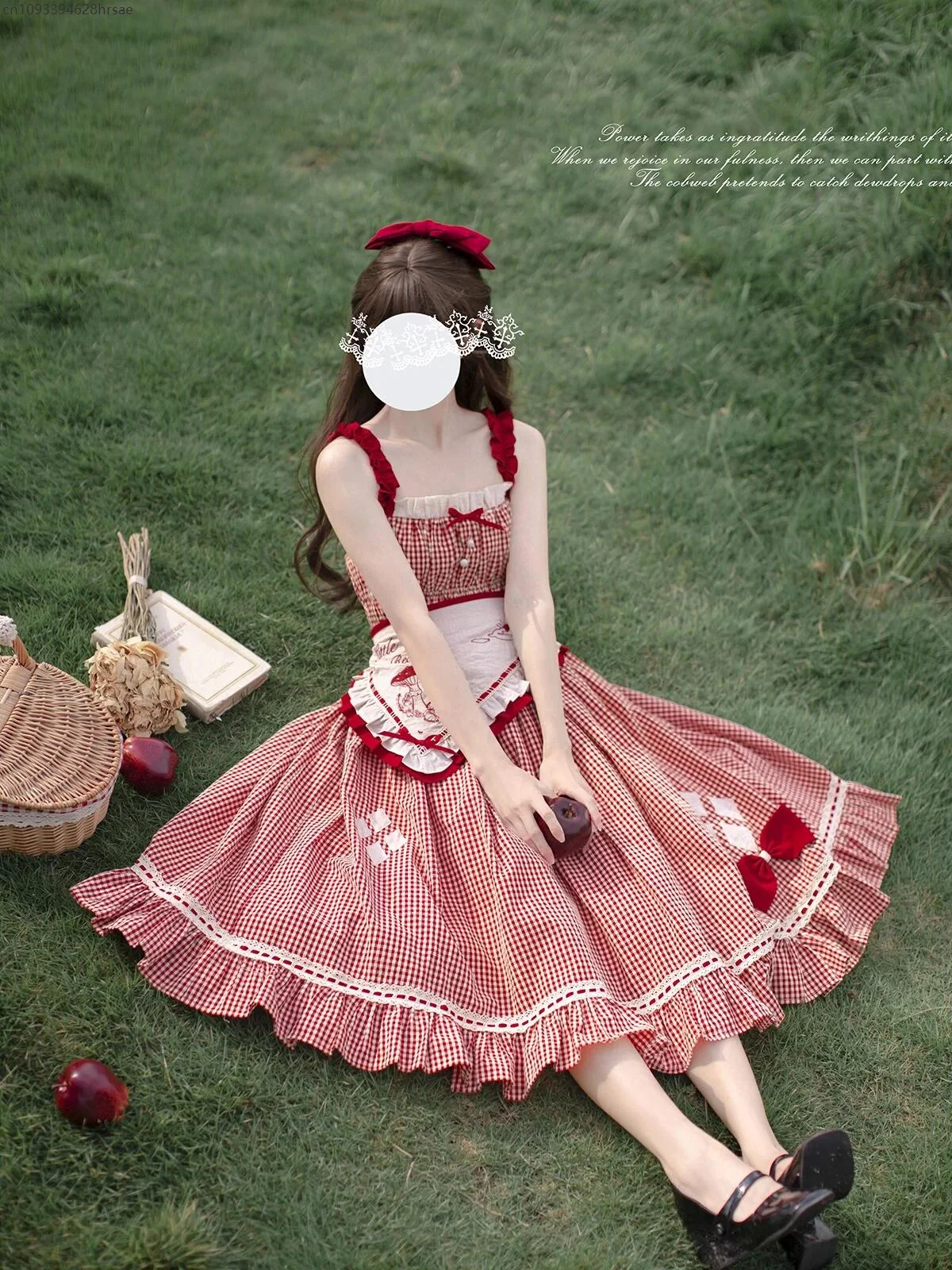 

2025 Bubble Sleeves Shirt Sleeveless Lolita Kawaii Tea Party Princess Sweet And Energetic Red Checkered Vest Skirt With Dotted