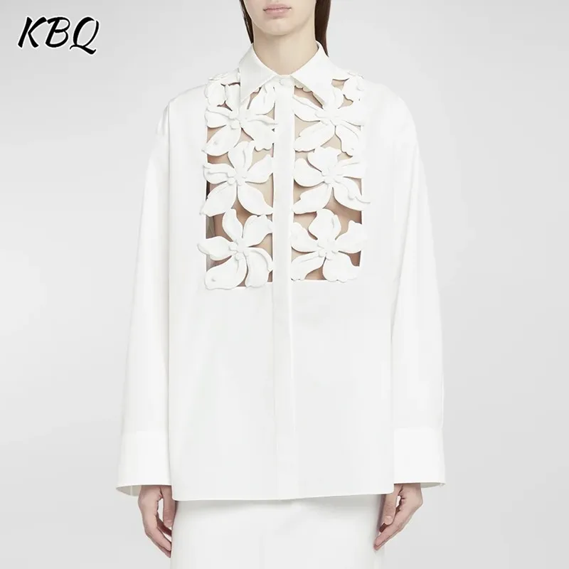 

KBQ Solid Patchwork Appliques Blouse For Women Lapel Long Sleeve Spliced Single Breasted Hollow Out Chic Shirts Female Fashion