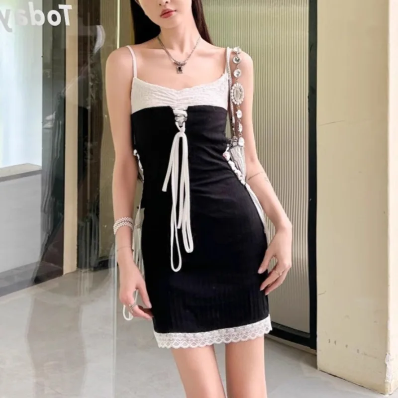

Sexy Backless Waistless Drawstring Mini Lace Dresses Summer Women Dress New SKinny High Waist PATCHWORK Fake 2-Piece Sling Dress