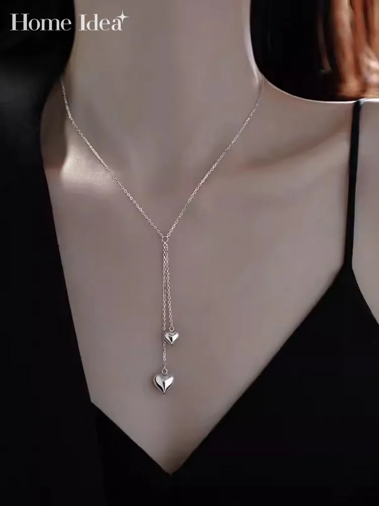 Women Sweet Heart 925 Silver Necklace Long Pendant Office Ladies Jewelry Birthday Party Necklace Fine