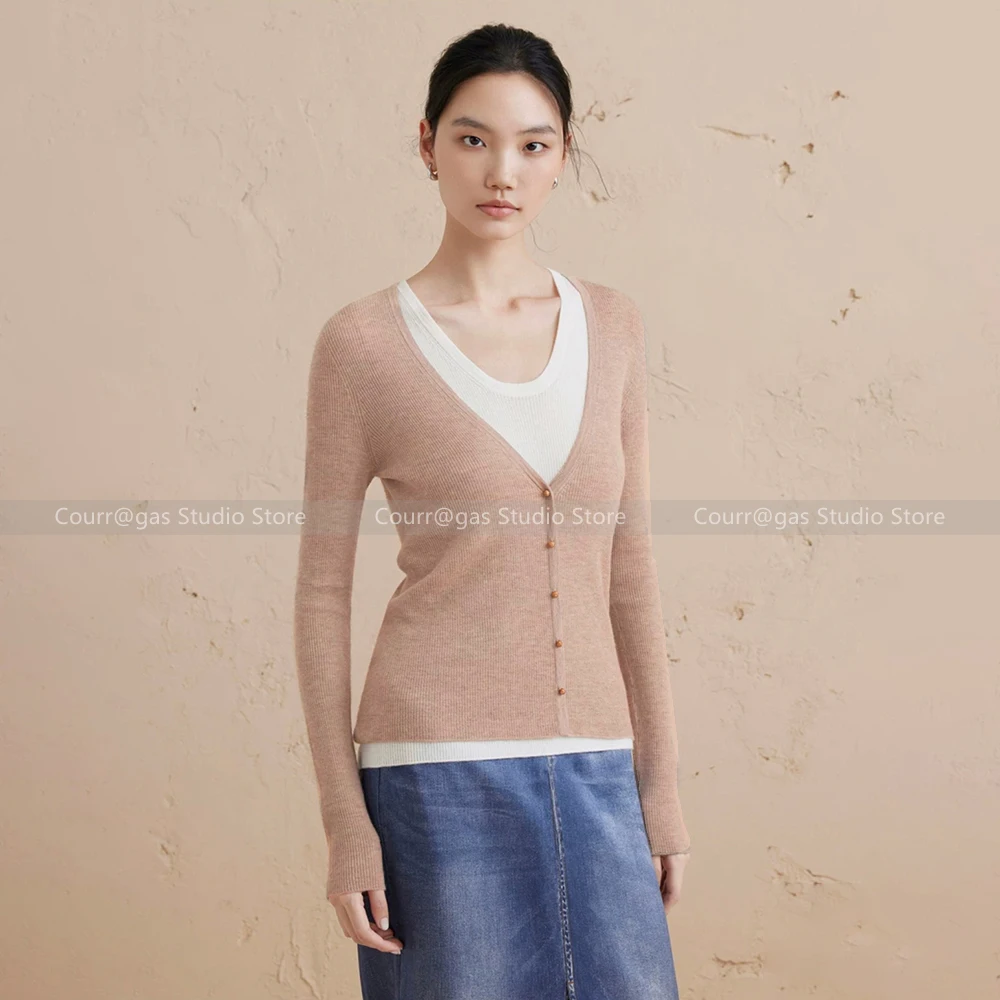 2024 Autumn round neck collision splicing long-sleeved knit sweater women's top wool Slim pullover