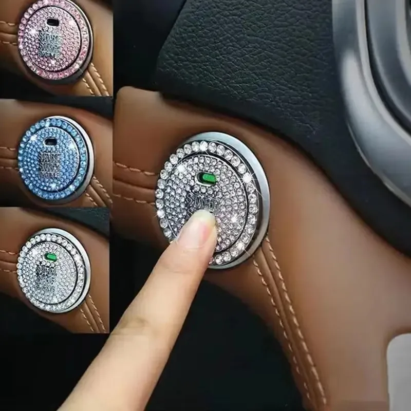 1/2pcs Bling Rhinestone Decoration Car Start Stop Engine Button Cover Full Diamond Ring Sticker Decoration Interior Accessories