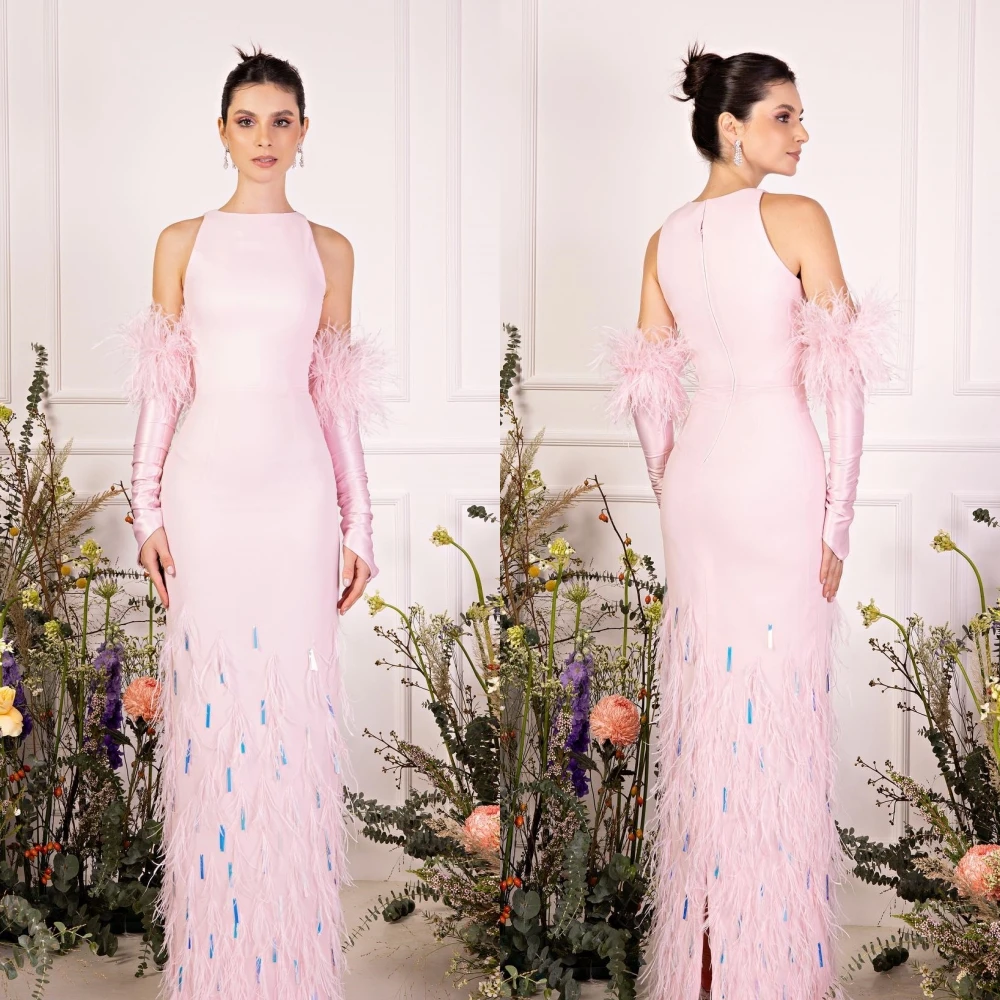 Elegant Customized Jewel Sheath Quinceanera Feathers Paillette / Sequins Floor Length Charmeuse Evening