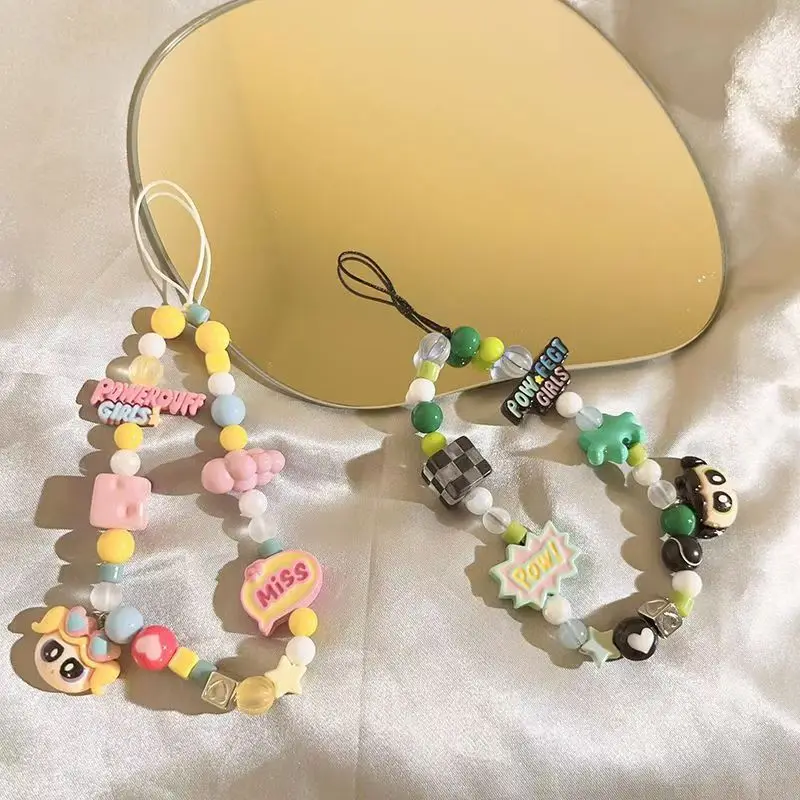 The Powerpuff Girls Mobile Phone Chain Backpack Pendant Bubbles Beaded Bracelet Accessories Decorative Keychain Gift for Girls