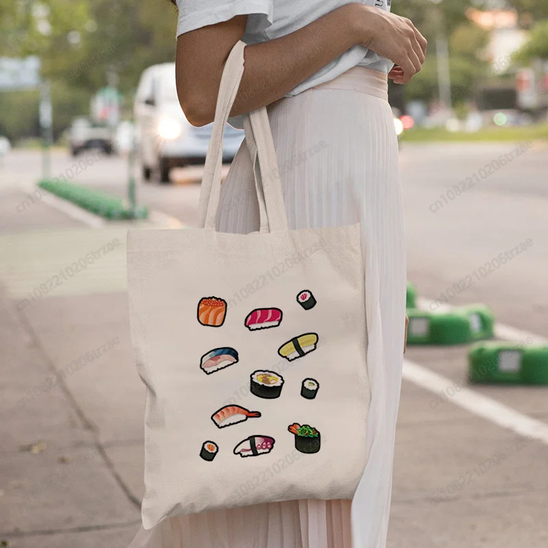 

Sushi Print Reusable Shopping Bag Set Makeup Bag Women Canvas Tote Bags Printing Eco Bag Cartoon Shopper Shoulder Bags
