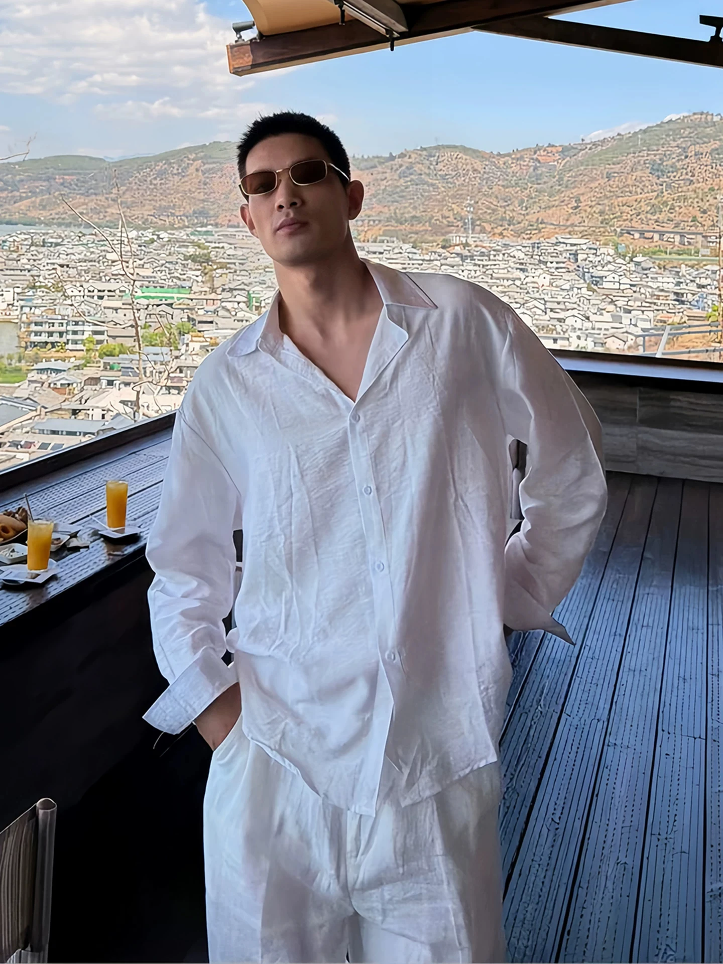

Men's Cotton Linen Shirt Set Thin Breathable Sun Protection Long Sleeve Lyocell Linen Long Pants Two Piece Set Casual Style