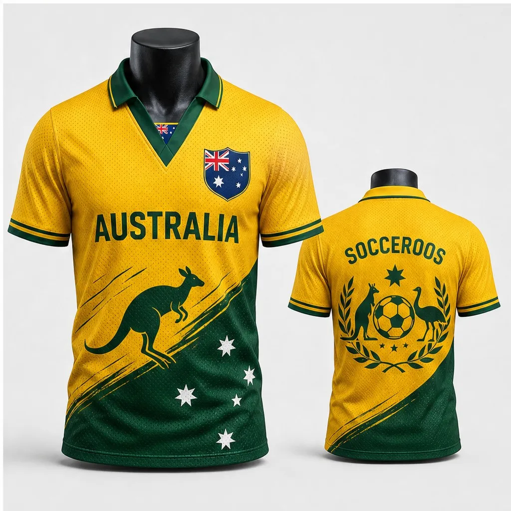 Mens Australia Kangaroo Emu Crest Semi Polo V Neck T Shirt Short Sleeve Casual Streetwear Top in Athletic Heritage Style Fashion