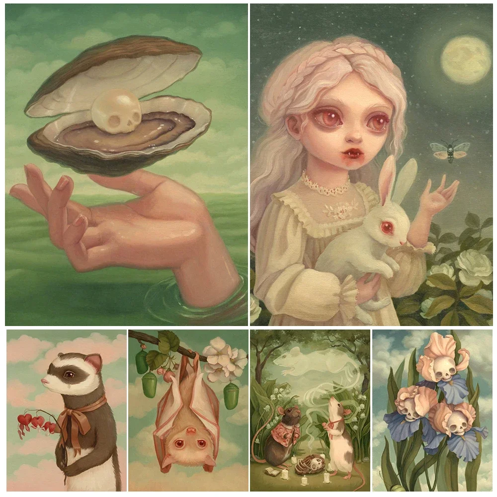 Cartoon Clam Pearl Rabbit Girl Moon Rat Posters Wall Pictures For Living Room Nordic Poster Wall Art Canvas Painting Unframed