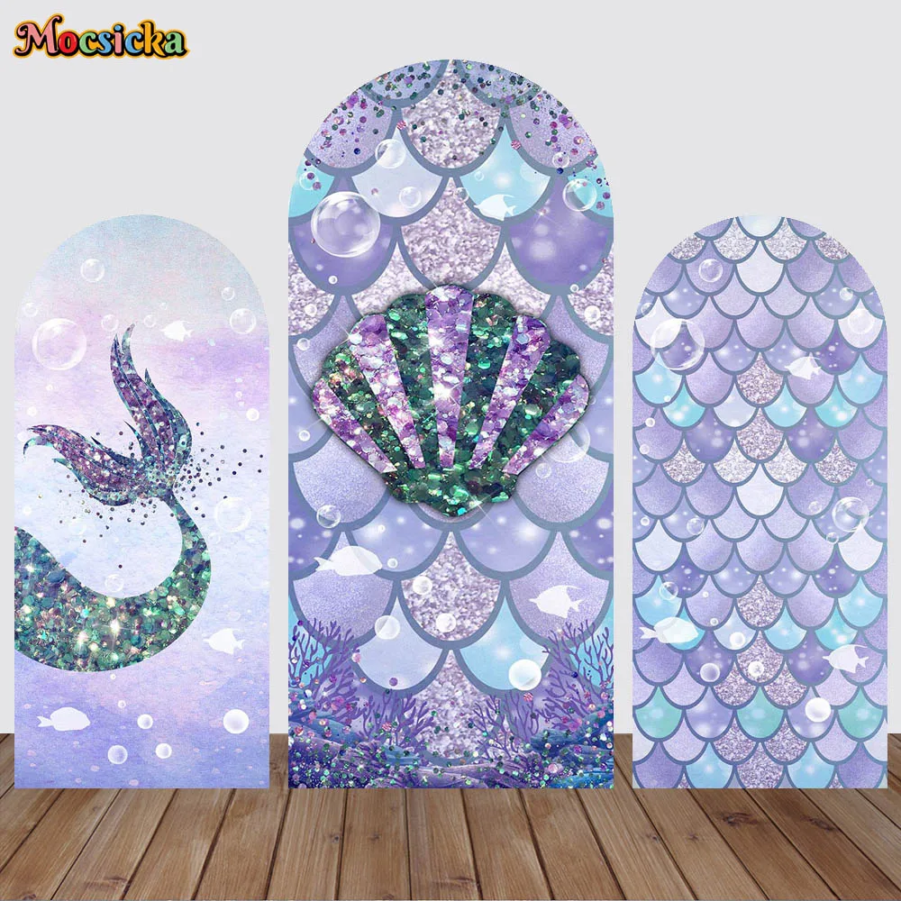 

Glitter Mermaid Birthday Arch Backdrop Double-Sided Cover Fantasy Fish Tail Scales Decor Props Girl Baby Shower Photo Background