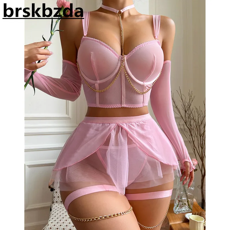 Brskbzda Light Pink Lace Lingerie Gril Sexy Ruffle Underwear Halter Intimate Outfits With Long Sleeve Bilizna New In Erotic Sets