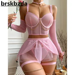 Brskbzda Light Pink Lace Lingerie Gril Sexy Ruffle Underwear Halter Intimate Outfits With Long Sleeve Bilizna New In Erotic Sets