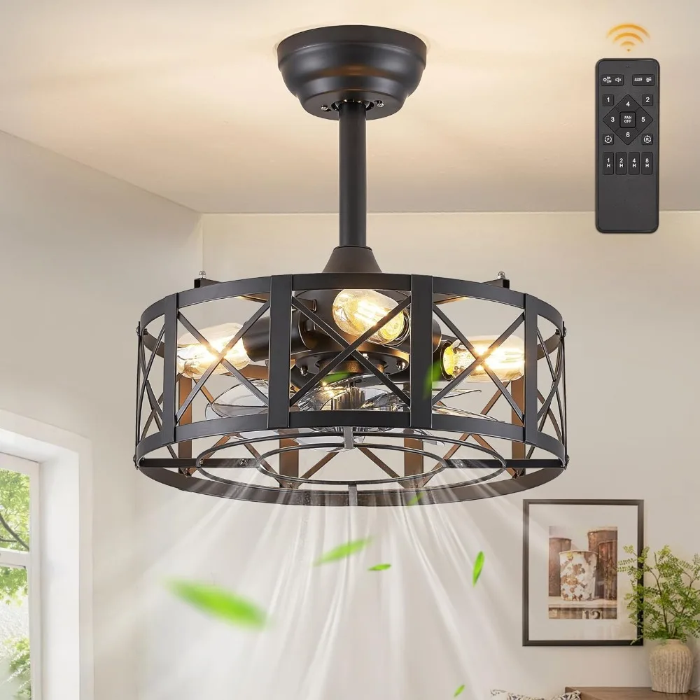 

16in Caged Ceiling Fan with Lights and Remote with 6 Speeds and Timing, Ceiling Fan