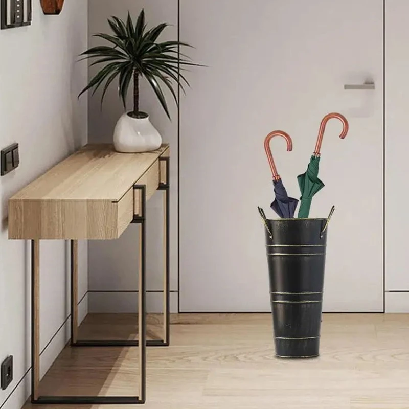 Metal Umbrella Stand with Handles Round Umbrella Bucket Home Office Metal Floor Vase Retro Iron Flower Bucket Vase Decoration