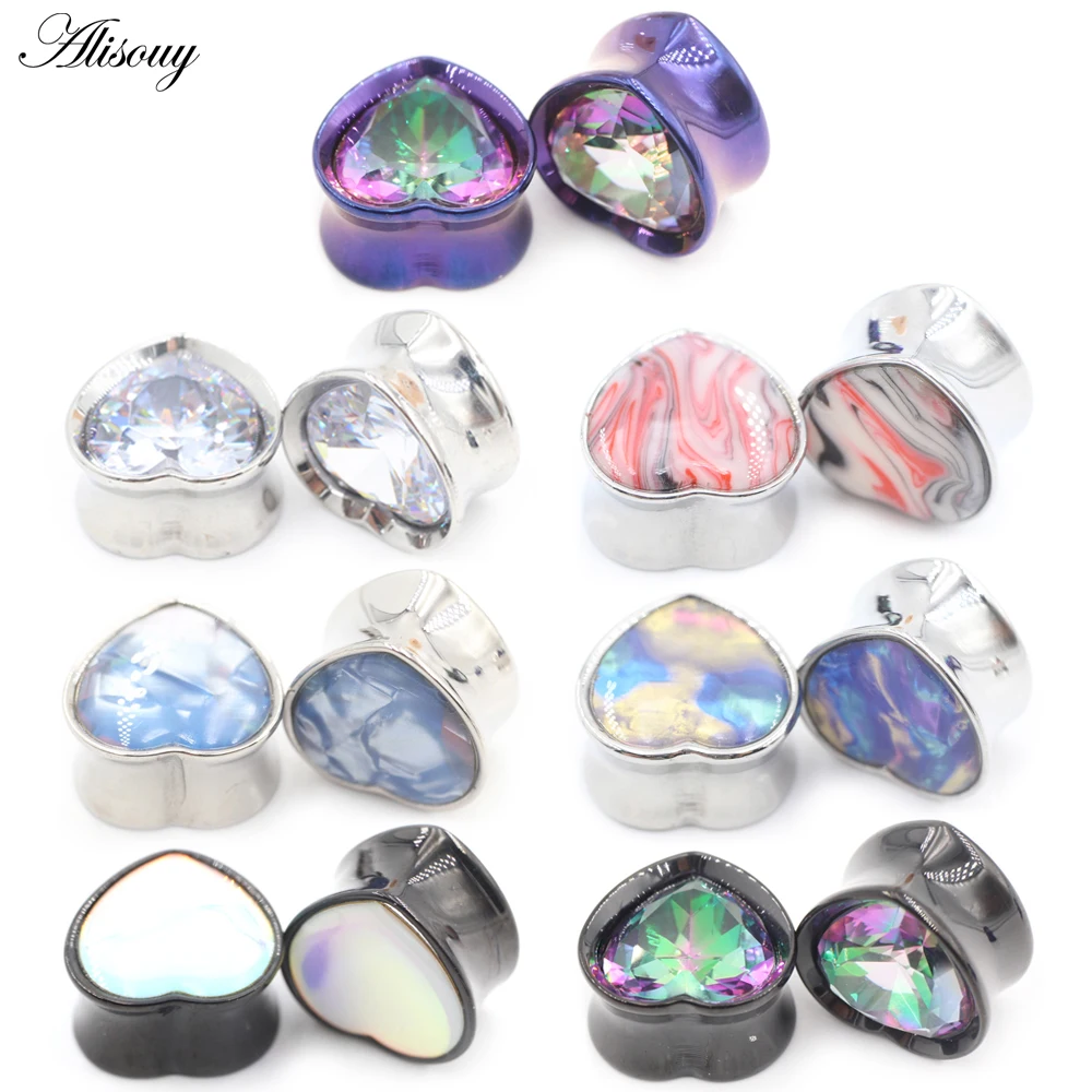 Alisouy 1pc 8-25mm Stainless Steel CZ Zircon Love Heart Flared Ear Tunnels Plugs Expander Stretcher Gauges Body Piercing Jewelry