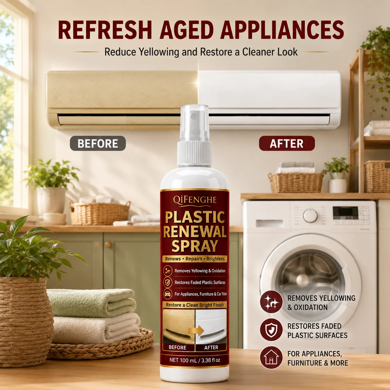 Plastic Renewal Spray for Yellowed Appliance Shells Car Trim AC Panels Furniture Surface Care