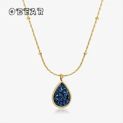 Dreamy Blue Crystal Starry Sky Water Drop Pendant Necklace Stainless Steel Plated 18K Gold Exquisite Jewelry