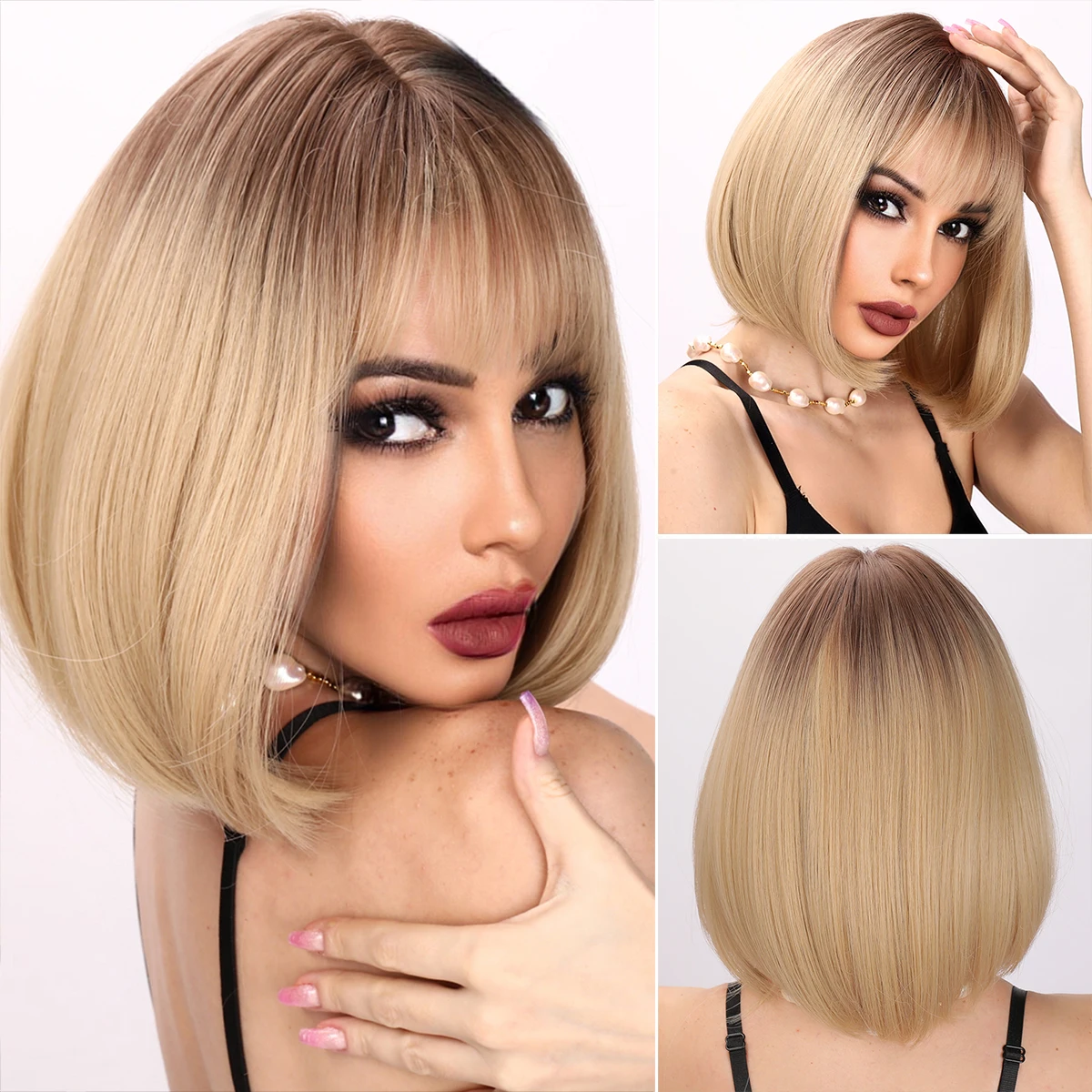 Peruca loura curta de platina Ombre Bob com Franja para mulheres, comprimento dos ombros, cabelo natural, cosplay, diário, resistente ao calor