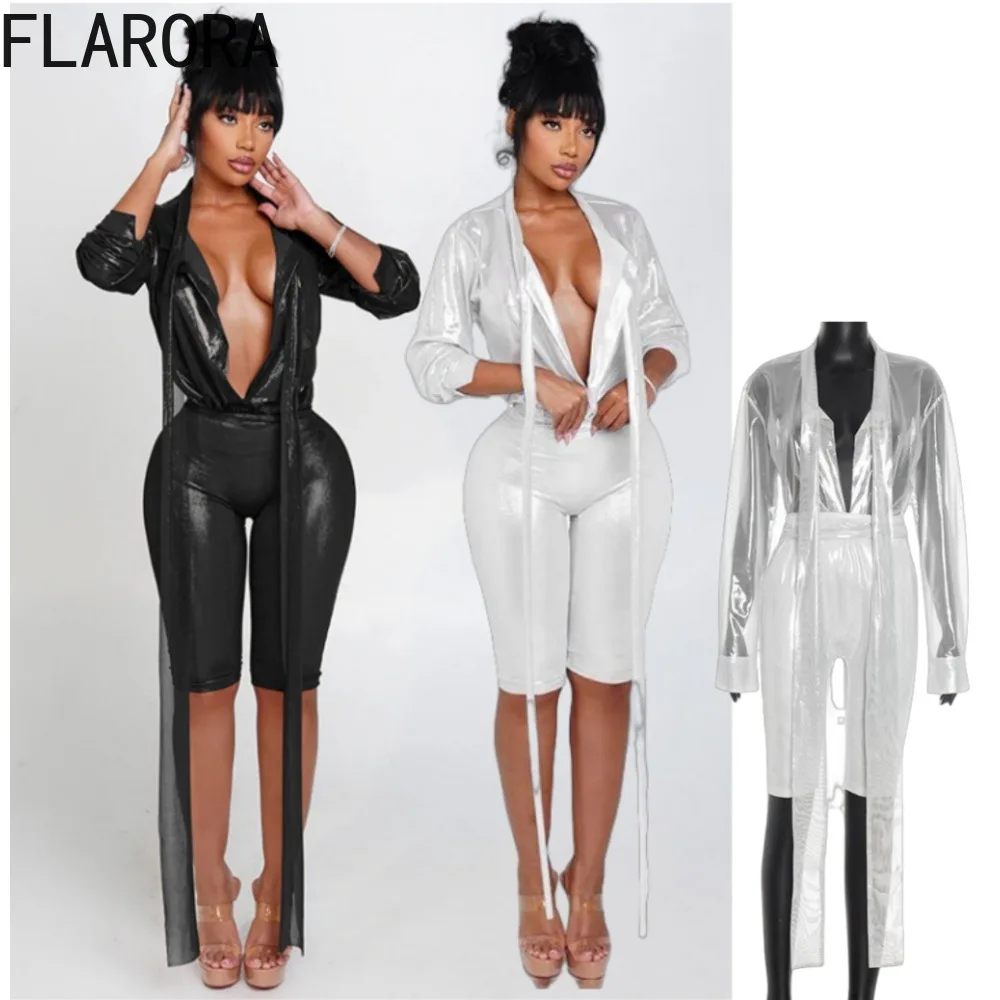 

FLARORA Sexy Lace Up Patchwork 2 Pcs Sets Woman Deep V Long Sleeve Sheer Tops And Skinny Shorts Outfits Midnight Party Clubwear