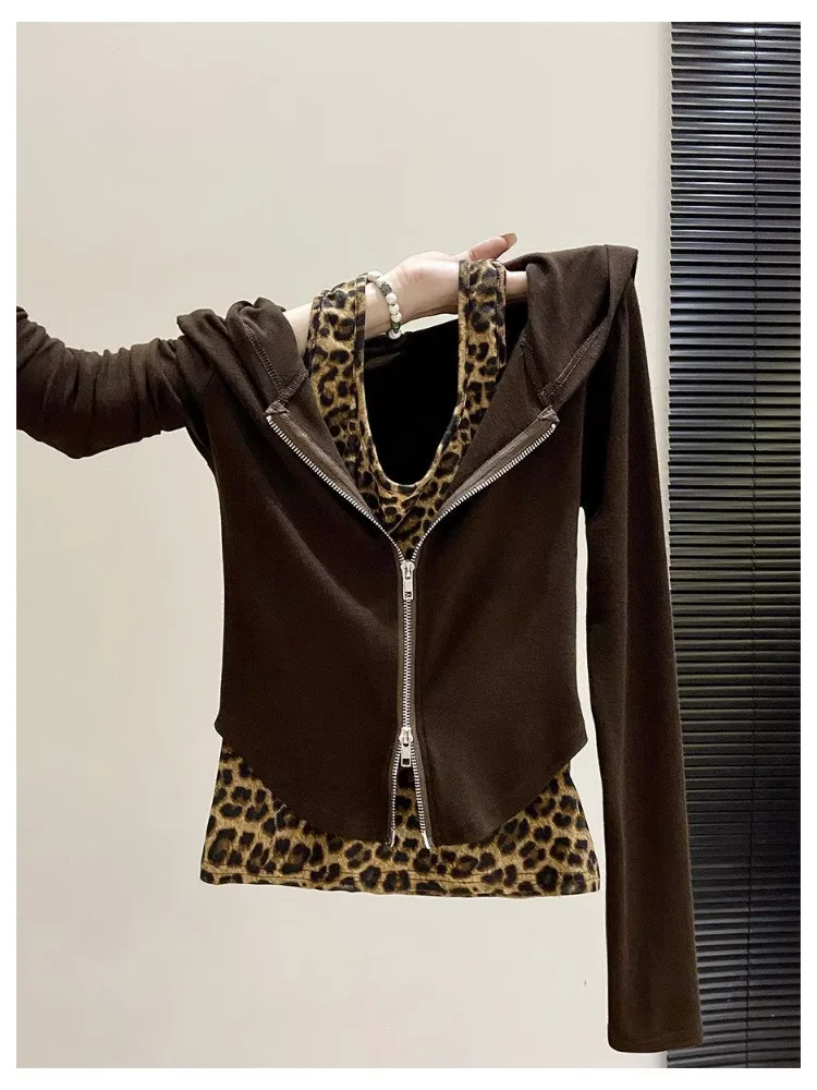 2026 New Retro Y2k Leopard Print 2 Piece Hooded T-shirt Women Double Zipper Cardigan Layered Long Sleeve Top - view 3