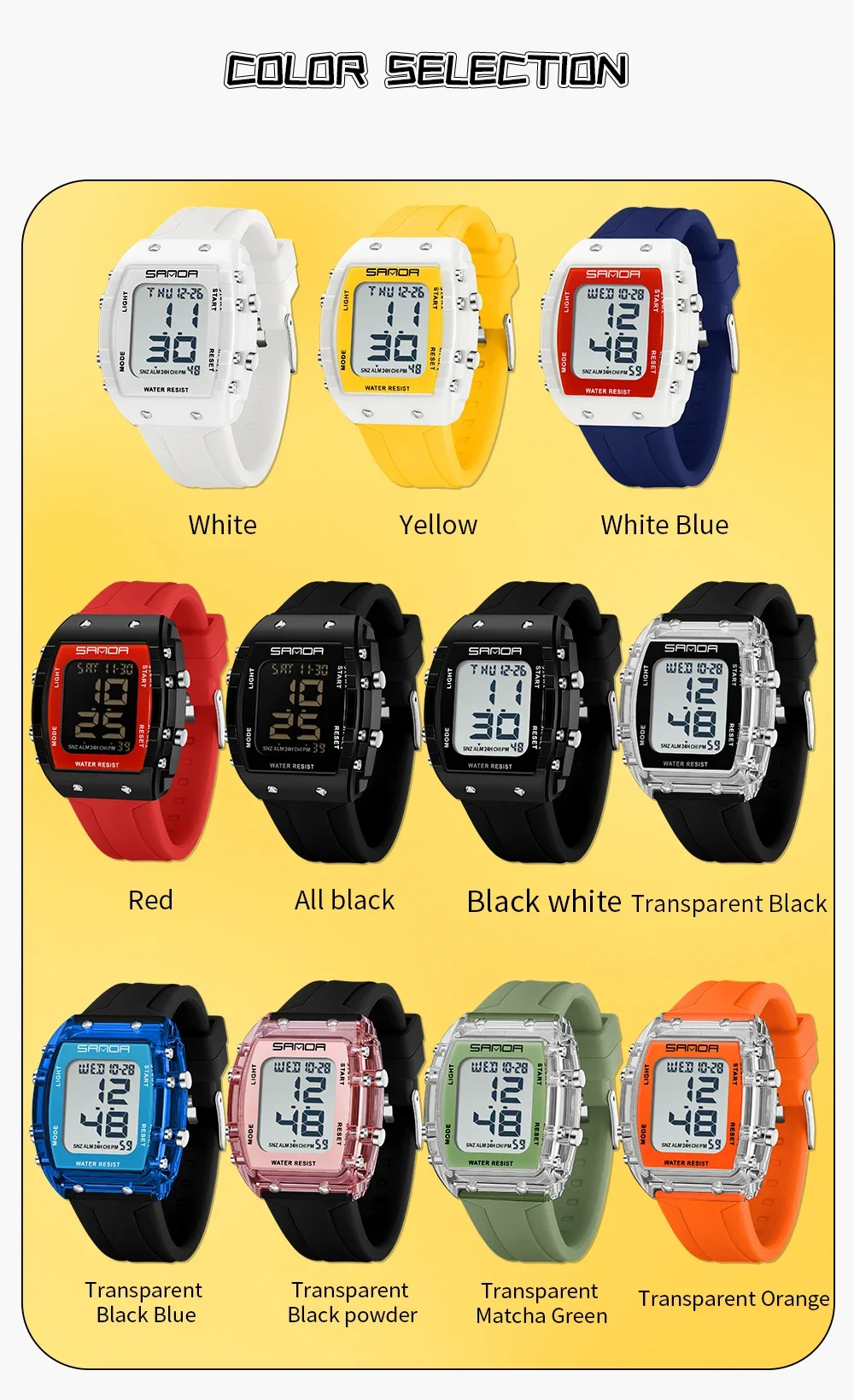 SANDA 2175 패션 남성과 여성의 스포츠 카운트다운 시계 군사 투명 LED 디지털 학생 시계 알람 시계