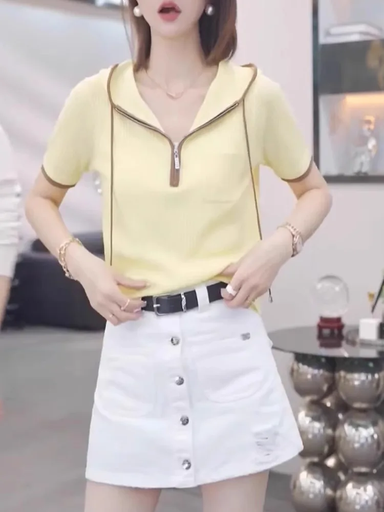 

Модная женская футболка с капюшоном на молнии, универсальная, с коротким рукавом, с эффектом омоложения, для повседневной носки