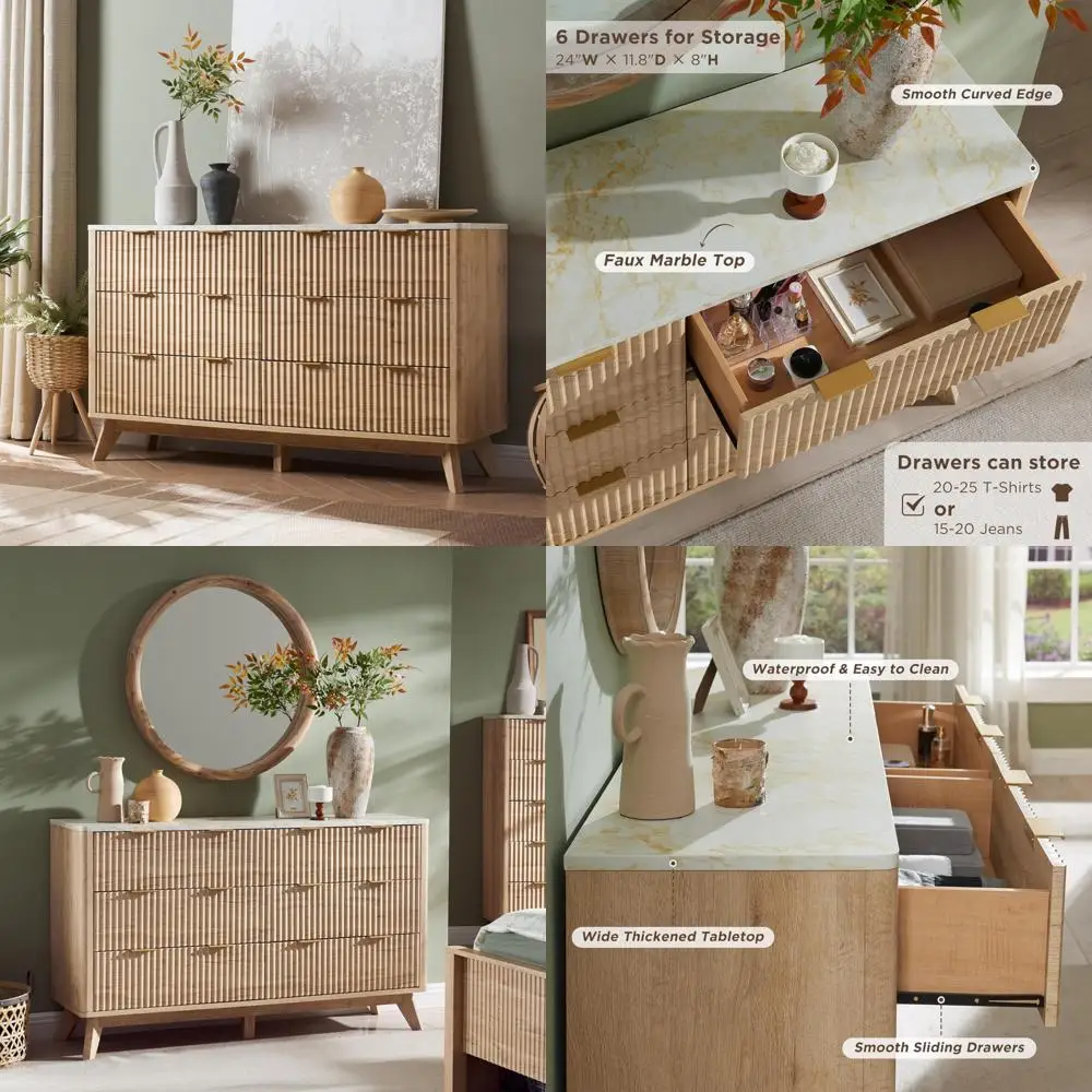 Modern 54 Wide Fluted Drawer Dresser with Faux Marble Top and Curved Profile Design