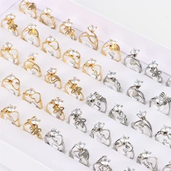 10/20Pcs/lot Fashion Stainless Steel Zircon ECG Love Gold Color Rings For Women Mix Style Wedding Engagement Jewelry Party Gifts