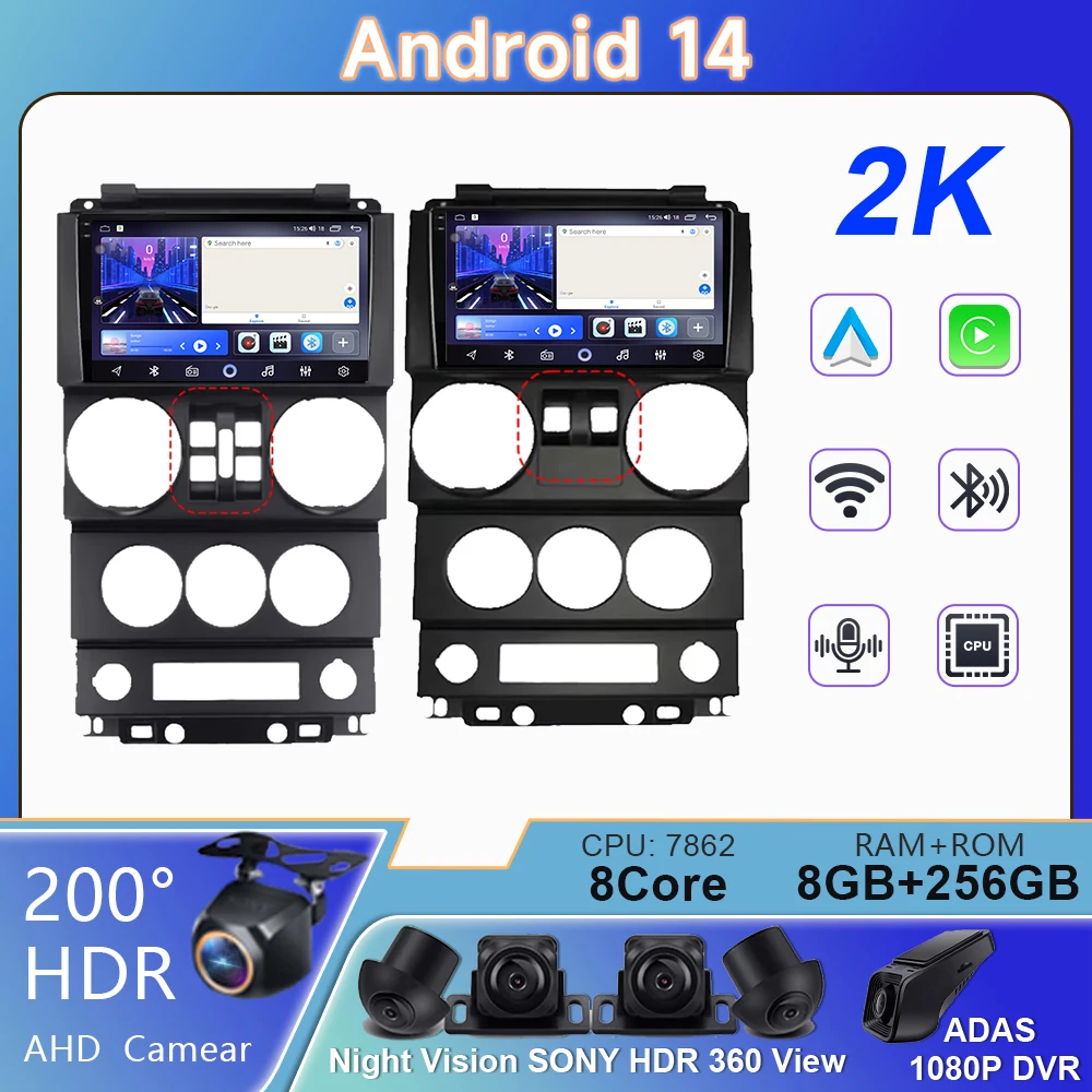 

5G WIFI CarPlay Android 14 For Jeep Wrangler Unlimited 3 JK 2008 - 2010 360 QLED Camera Car GPS Head Unit Radio Auto 4G WiFi DVD