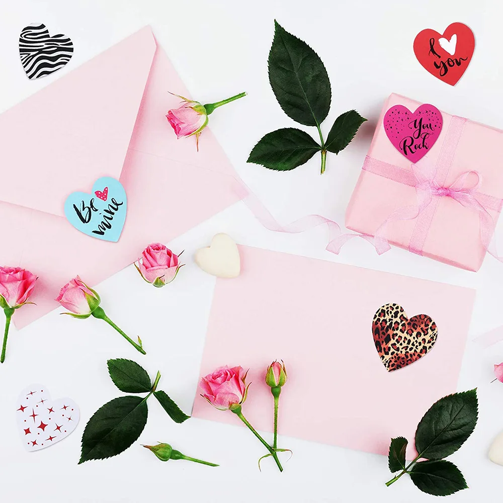 100-500Pcs 1Inch Heart Shape Stickers 8 Kinds of Pattern Love Valentine's Day Gift Wrap Sticker Wholesale Label