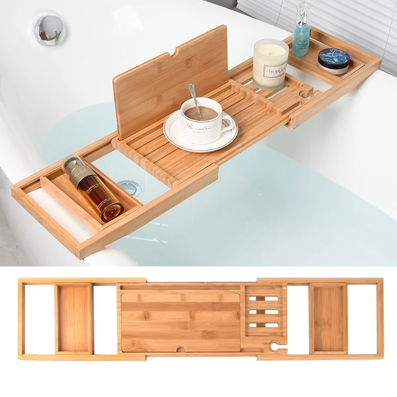 Expandable Wooden Bathtub Tray Home Storage Accessories Soap Dish Non Slip Tablet Bathroom Storage Holder Bathroom Storage Trays