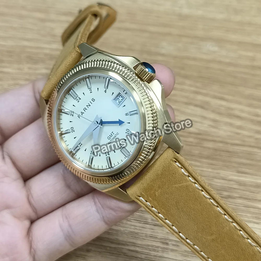 Parnis 41mm cristal de zafiro esfera Beige caja dorada NH35 NH34 reloj mecánico automático para hombres reloj de pulsera resistente al agua