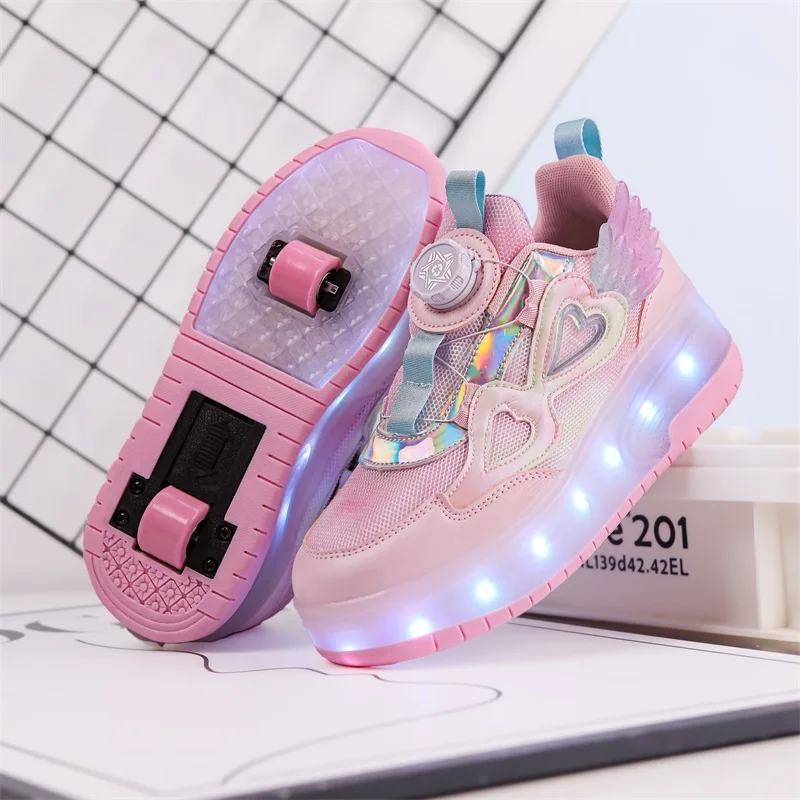 

Girls Skate Shoes LED Light New Outdoor Running Pulley Fashion Breathable Mesh Training Roller Skating Sneakers for Kids