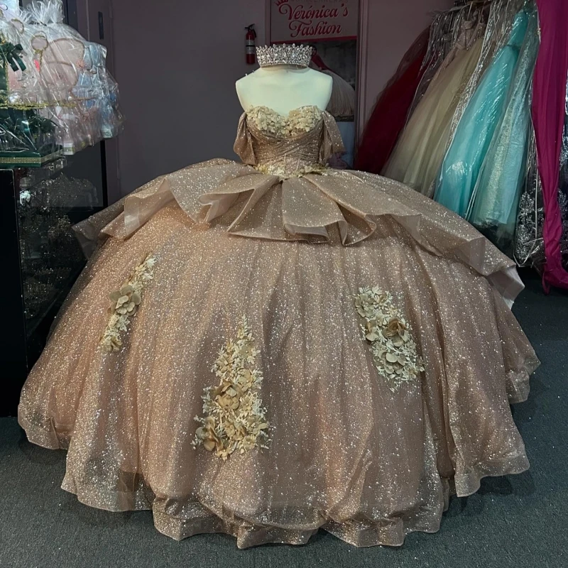 

Rose Gold Shiny Quinceanera Dresses Off The Shoulder Applique Flower Beads Tull Party Birthday Sweet 16 Dress Vestidos 15 De