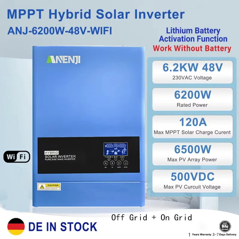 

6,2 кВт 4,2 кВт 48 В 24 В Гибридный солнечный инвертор MPPT Чистая синусоида выкл./вкл. Сетевой инвертор 230 В Встроенное солнечное зарядное устройство 120 А 100 А PV 500 В