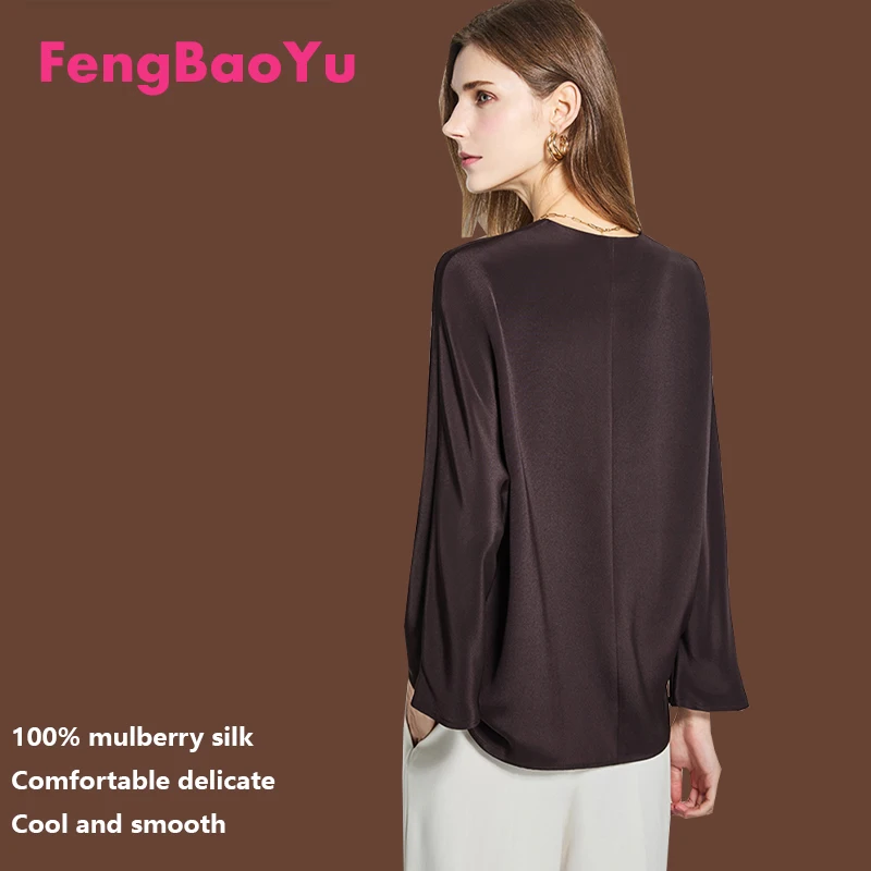 

100% Silk Women's Long-Sleeved V-Neck Loose-Fitting Hooded T-Shirt Smooth Shiny, Simple and Elegant, Luxurious Clothing