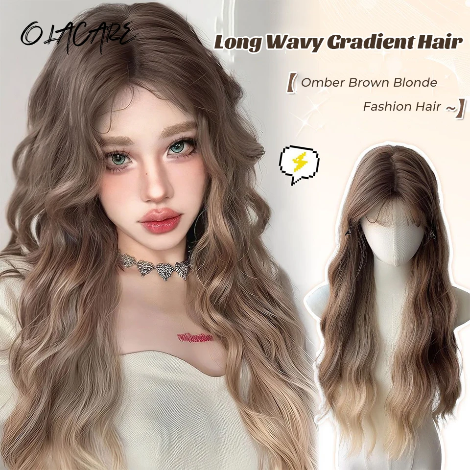 

Long Wavy Synthetic Omber Blonde Brown Wigs with Bangs Cosplay Hairs Wig for Women Daily Natural Heat Resistant