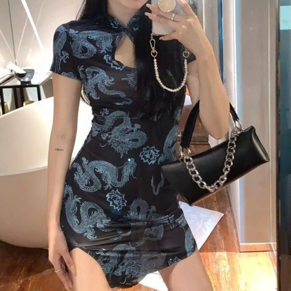 Short Sleeve Dragon Print Cheongsam Retro Forking Vintage Chinese Cheongsam Dress Hollowing Out Slim Women\'s Clothing Party