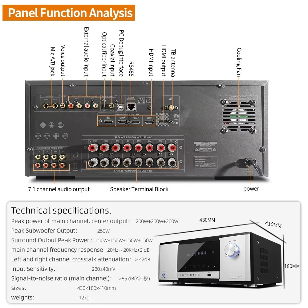 2026 hot sellingHigh power 7.1 home theater amplifier DTS karaoke audio & video playback amplifier