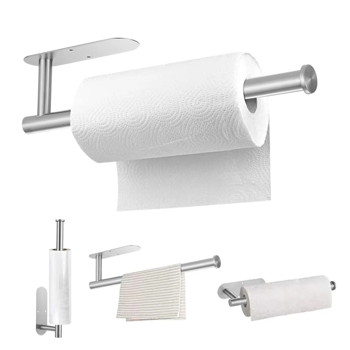 Adhesive Kitchen Paper Holder Toilet Paper Holder Stainless Steel Tissue Hanger Plastic Film Stand Paper Towels Hold Waterproof