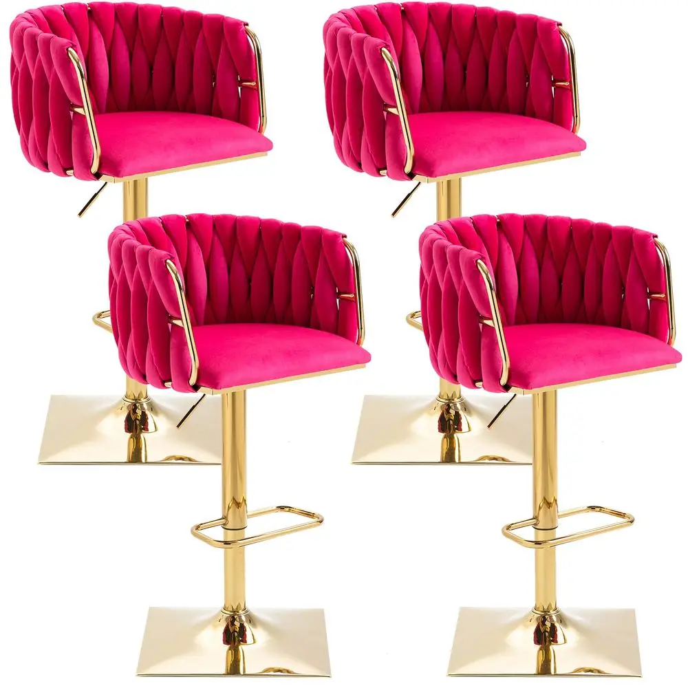 

Velvet Swivel Bar Stools Set of 4, Hand Woven Backrest, Comfy Adjustable Counter Height Barstools with Gold Square Base for Cou