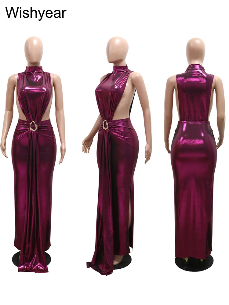 New Vintage Metallic Long Maxi Dress Women Side Hollow Out Sexy Irregular High Waist Slim Party Club Birthday Outfit Night Gowns