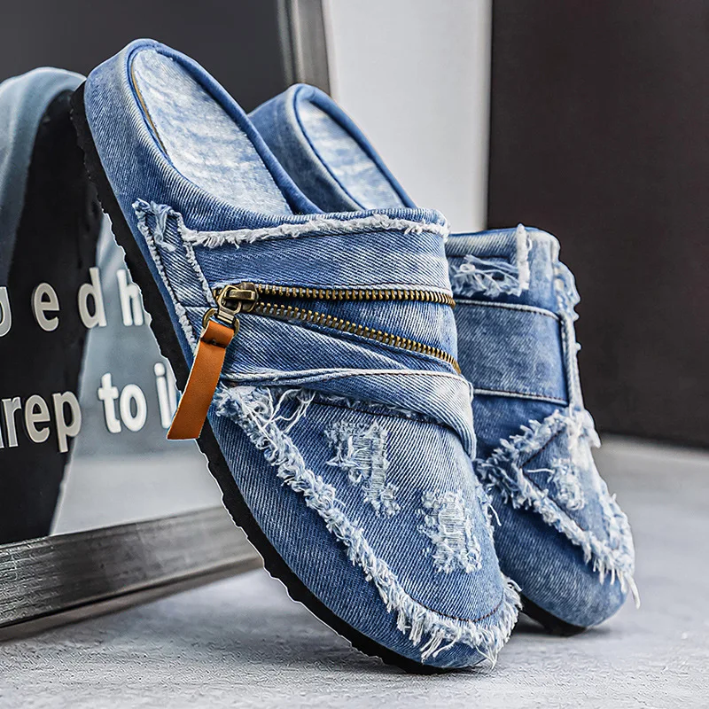 Retro vintage men's denim slippers lightweight  soft soled lazy shoes outerwear men's slippers