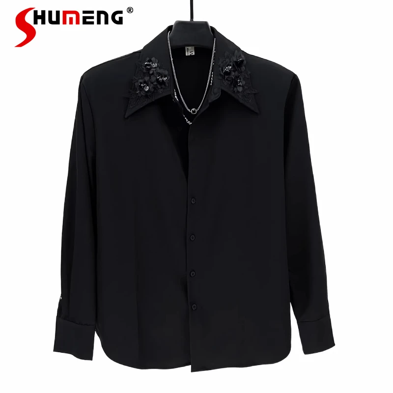 

Men's 2025 Autumn New Simple Embroidered Large Collar Shirts Stylish Loose Comfort Tops Padded Shoulder Long Sleeve Trendy Shirt