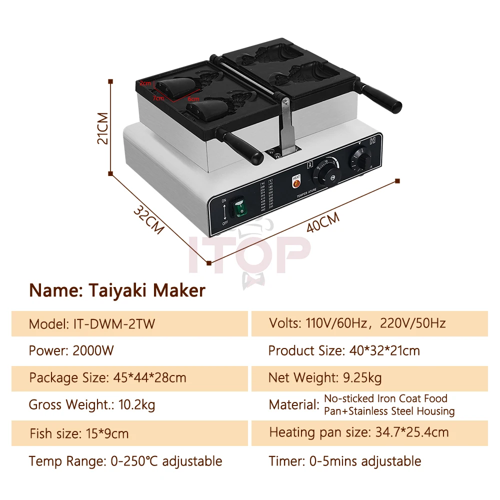 ITOP Taiyaki Waffle Maker 2 Fishes Commercial Ice Cream Taiyaki Pan Making Machine Waffle Cone Baking 2000W Muffin Pancake Snack