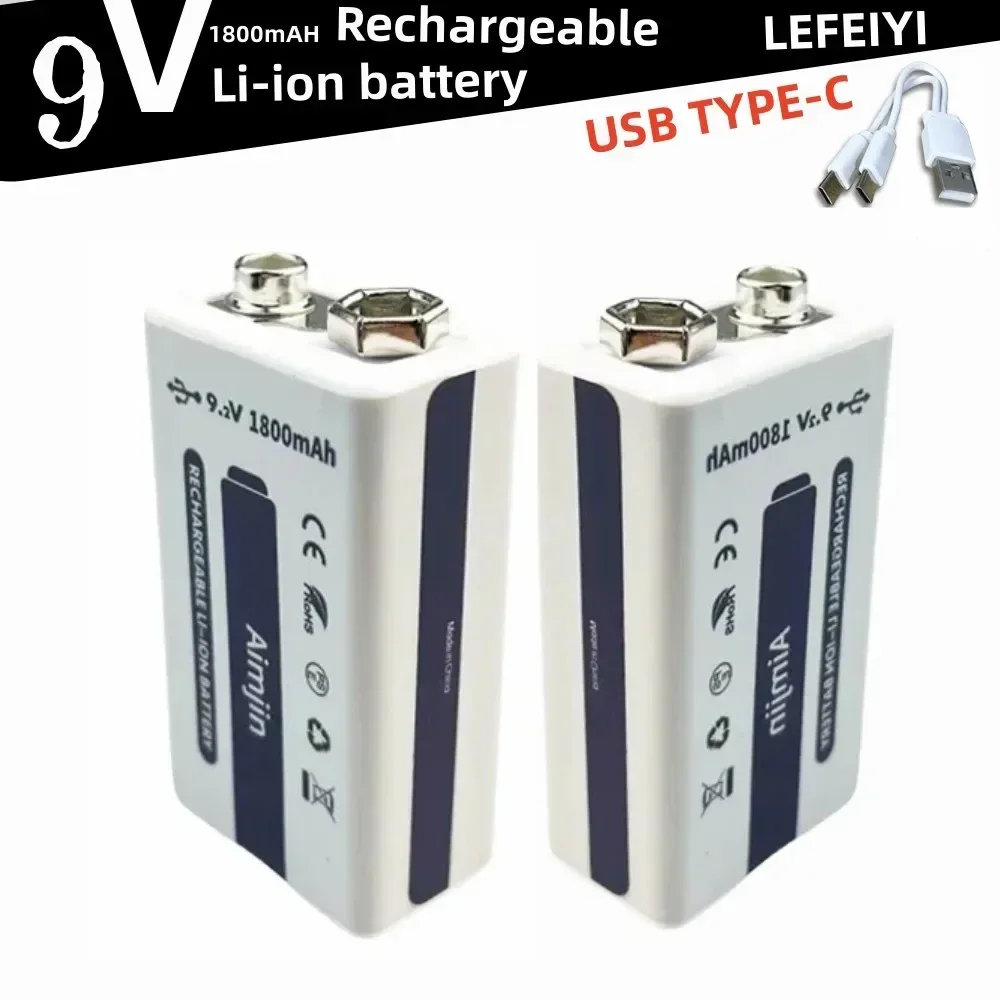 Batteria 9V batteria ricaricabile agli ioni di litio da 1800mAh batteria di tipo C per telecomando giocattolo microfono multimetro