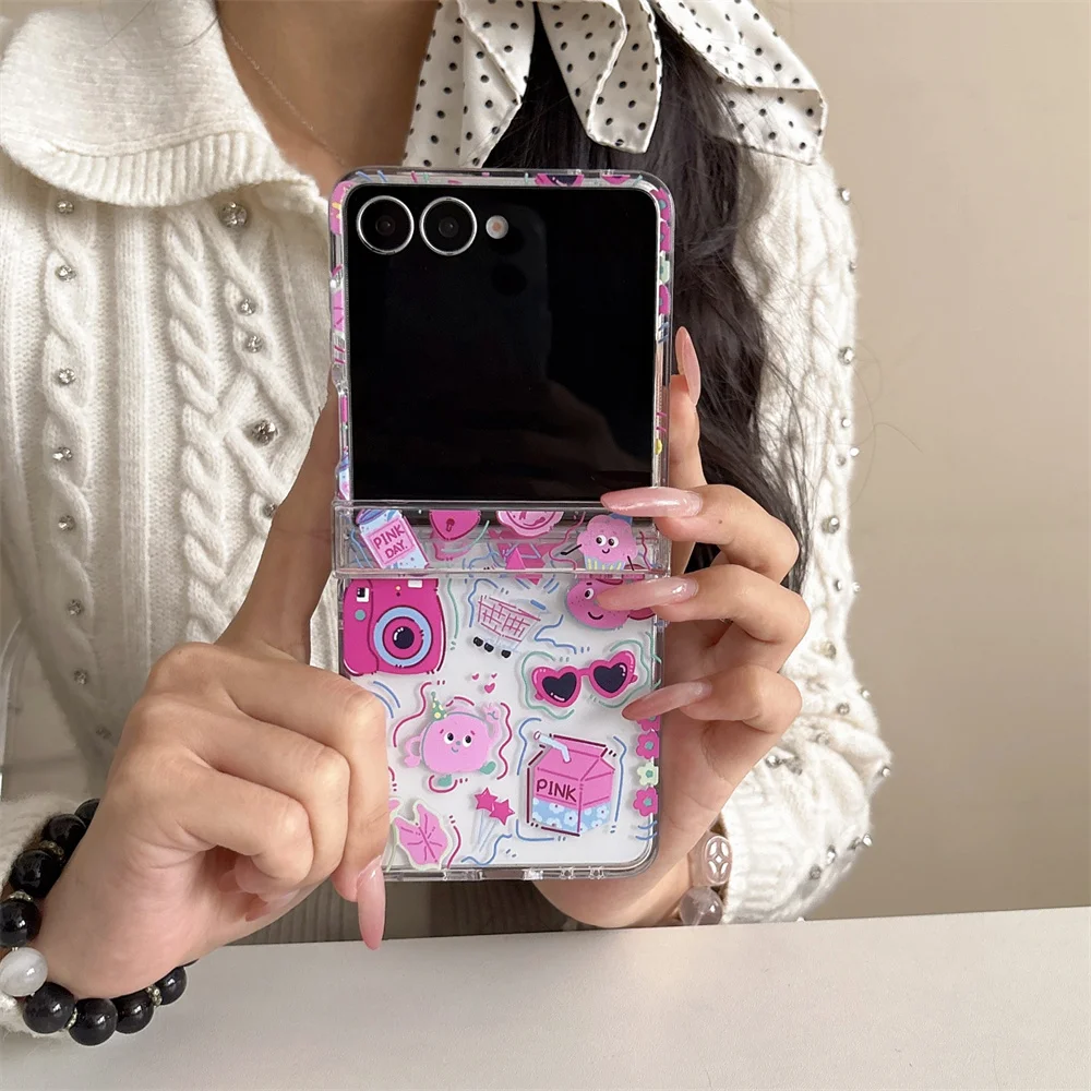 Trendy Y2K Cute Pink Party Doodle Printed Clear Phone Case for Samsung Galaxy Z Flip 7-3 Crystal Bead Strap Protective Cover