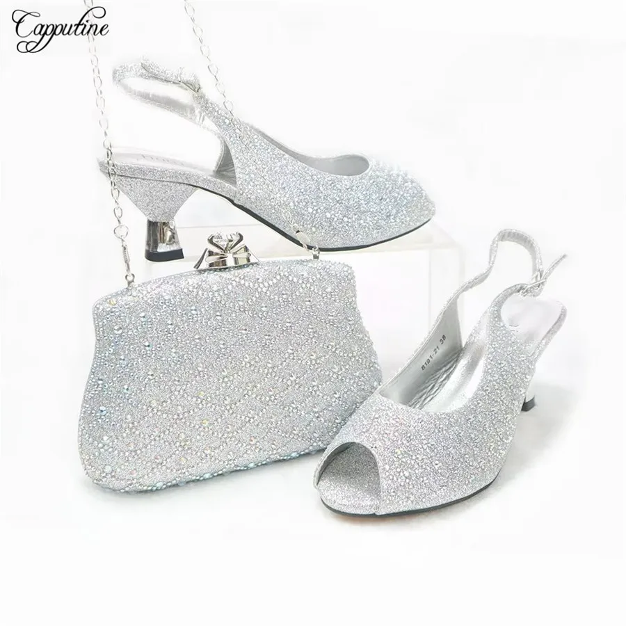 Silver Women Sandals And Bag Set To Match Fashion African Ladies High Heels Shoes With Handbag Pumps Clutch Sandales Femmes GL24