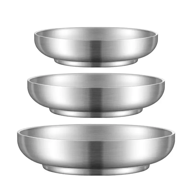 304 Stainless Steel Dishes Plate,Thickened Double-Layer Circular Steak Dish,Dessert Fruit Plate,Restaurant, Camping, Dining Tray
