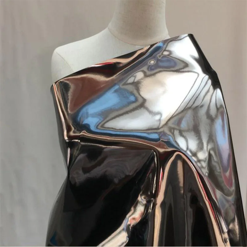 Good Shiny Metallic Feeling Gun Color PU Leather Fabric, Slightly Elastic Mirror Designer Fabric, Sewing DIY Stage Clothing Bag