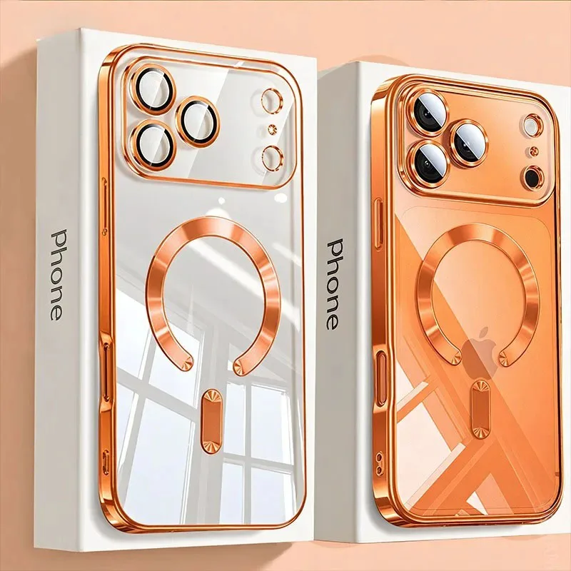 Capa Magnética Transparente com Revestimento para iPhone 17 Air 16 15 14 13 12 11 Pro Max Plus, Compatível com Carregamento Sem Fio Magsafe